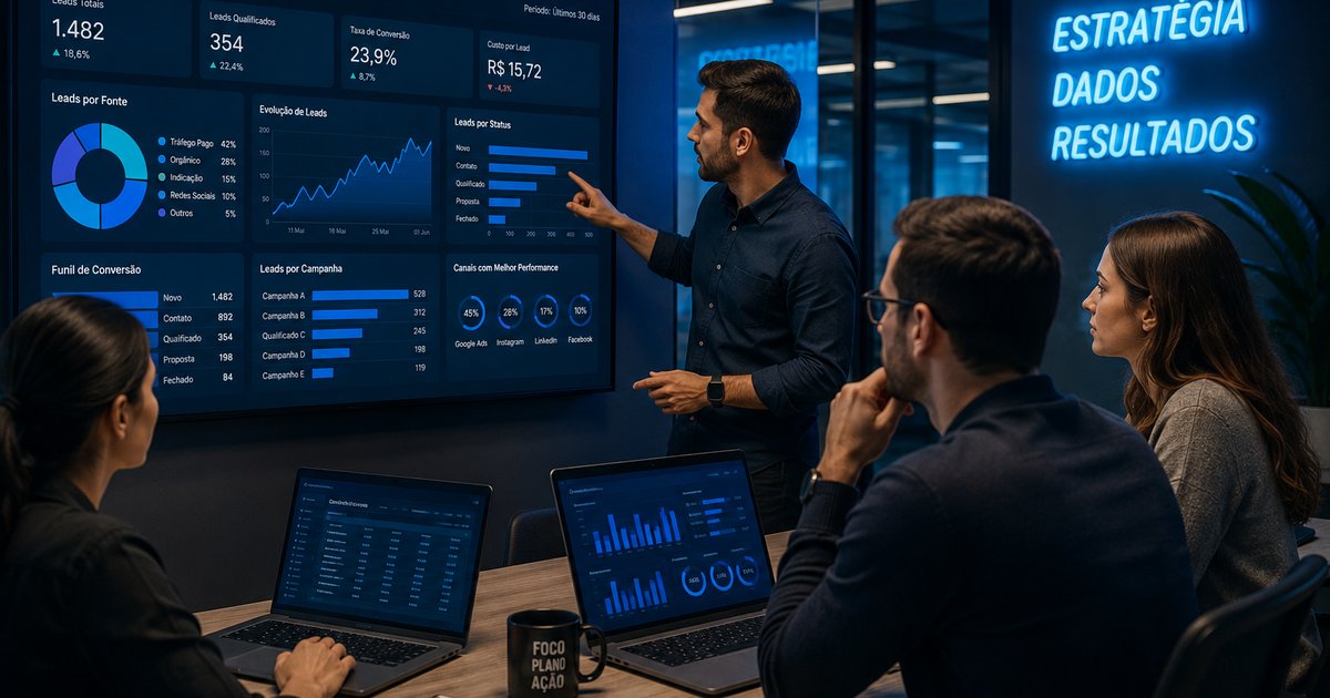 Equipe analisando painel de leads e conversões de campanhas de marketing digital