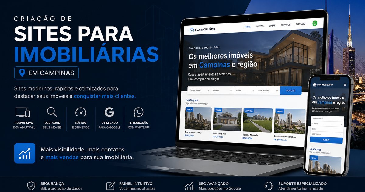Criação de site para imobiliária em Campinas: site responsivo de imobiliária em notebook e celular, com busca de imóveis