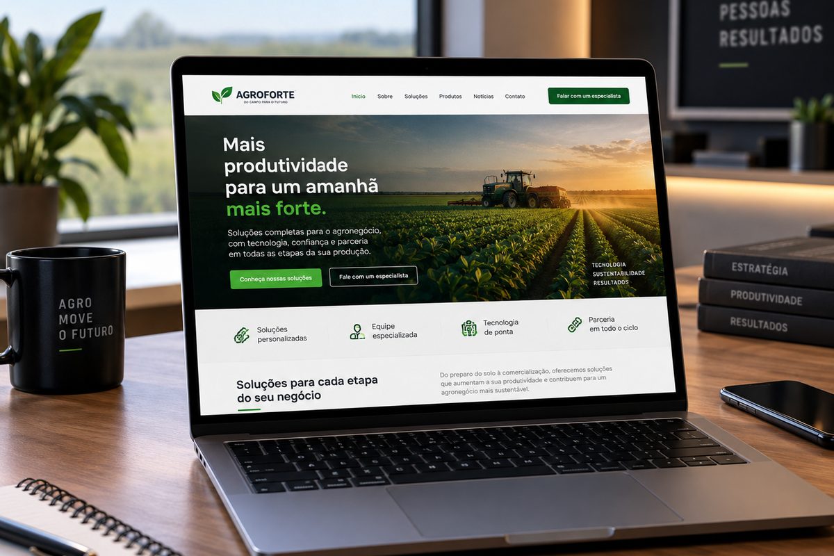 Site para agronegócio aberto em um notebook, mostrando lavoura com trator ao pôr do sol e as soluções para cada etapa da produção