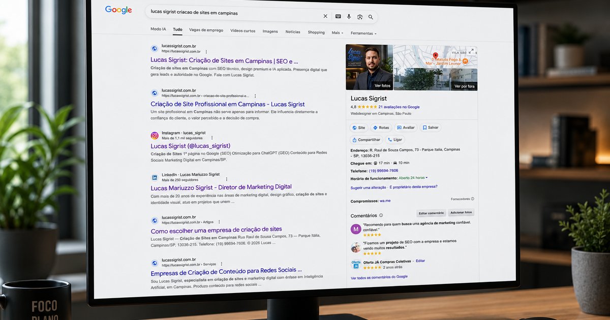 Resultados de busca do Google para criação de sites em Campinas, com painel de conhecimento