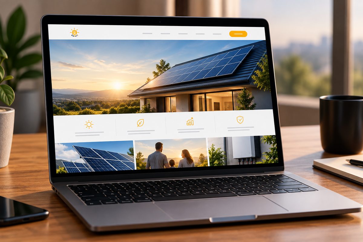 Site para empresa de energia solar aberto em um notebook, mostrando simulação de economia, instalação fotovoltaica em telhado residencial e selos de garantia