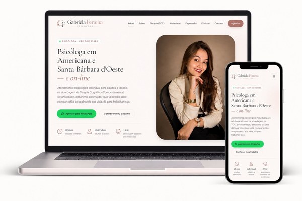Site da psicóloga Gabriela Ferreira exibido em notebook e celular - projeto para Americana e Santa Bárbara d'Oeste